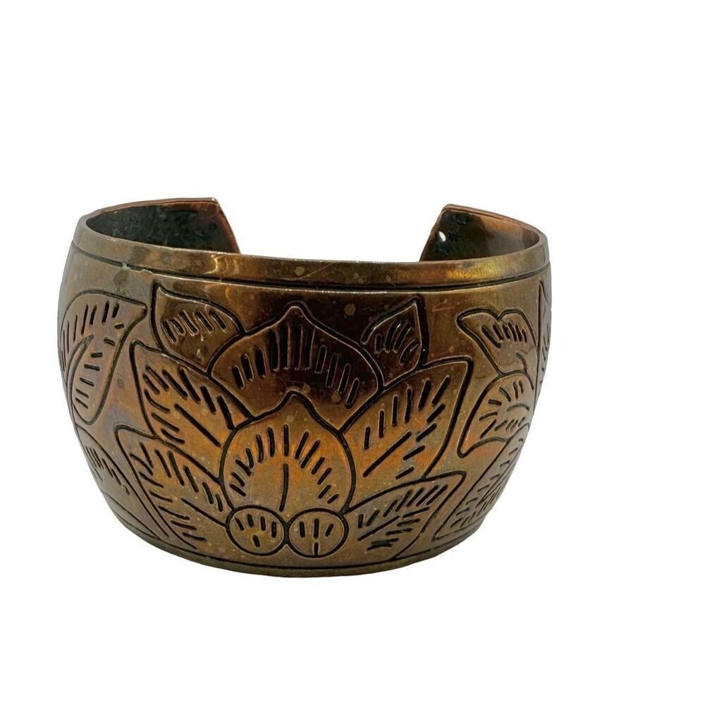 Copper tone leaf design wide cuff bracelet